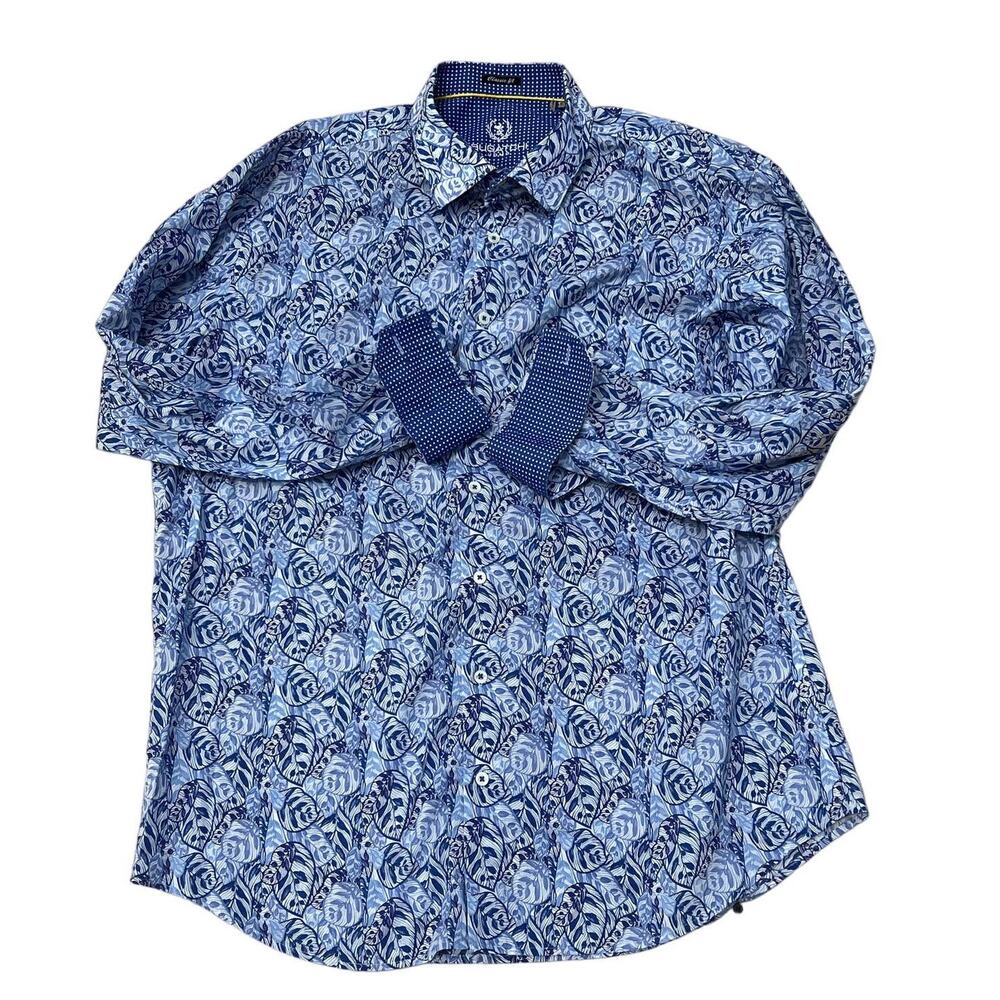 Bugatchi Uomo Classic Fit Blue Leaf Print Button Down Shirt Flip Cuff Mens XL
